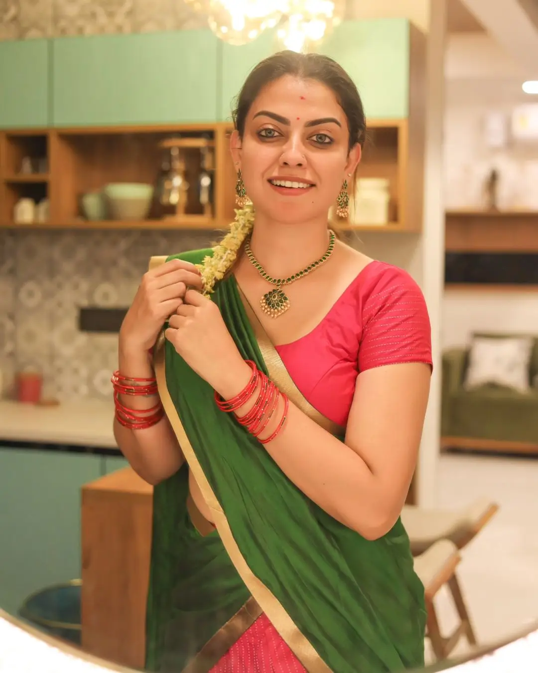 Anusree Nair In South Indian Traditional Green Saree Red Blouse